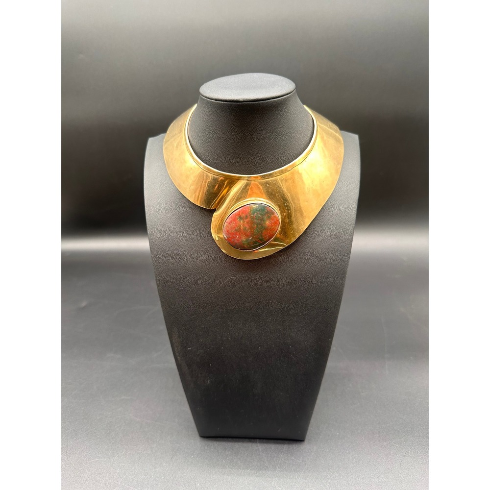 Vintage 1970 Brass Unakite Choker Necklace Brass Modernist Bold Statement Collar